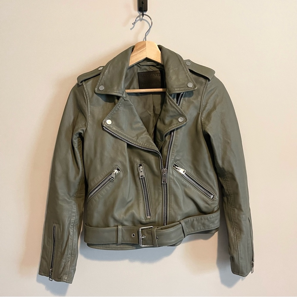 All Saints Balfern Biker Leather Jacket Sage Grey - Picture 5 of 8